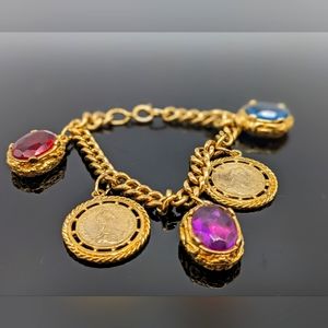 Original 1980s chunky gold metal charm bracelet with glass,oriental coins unisex